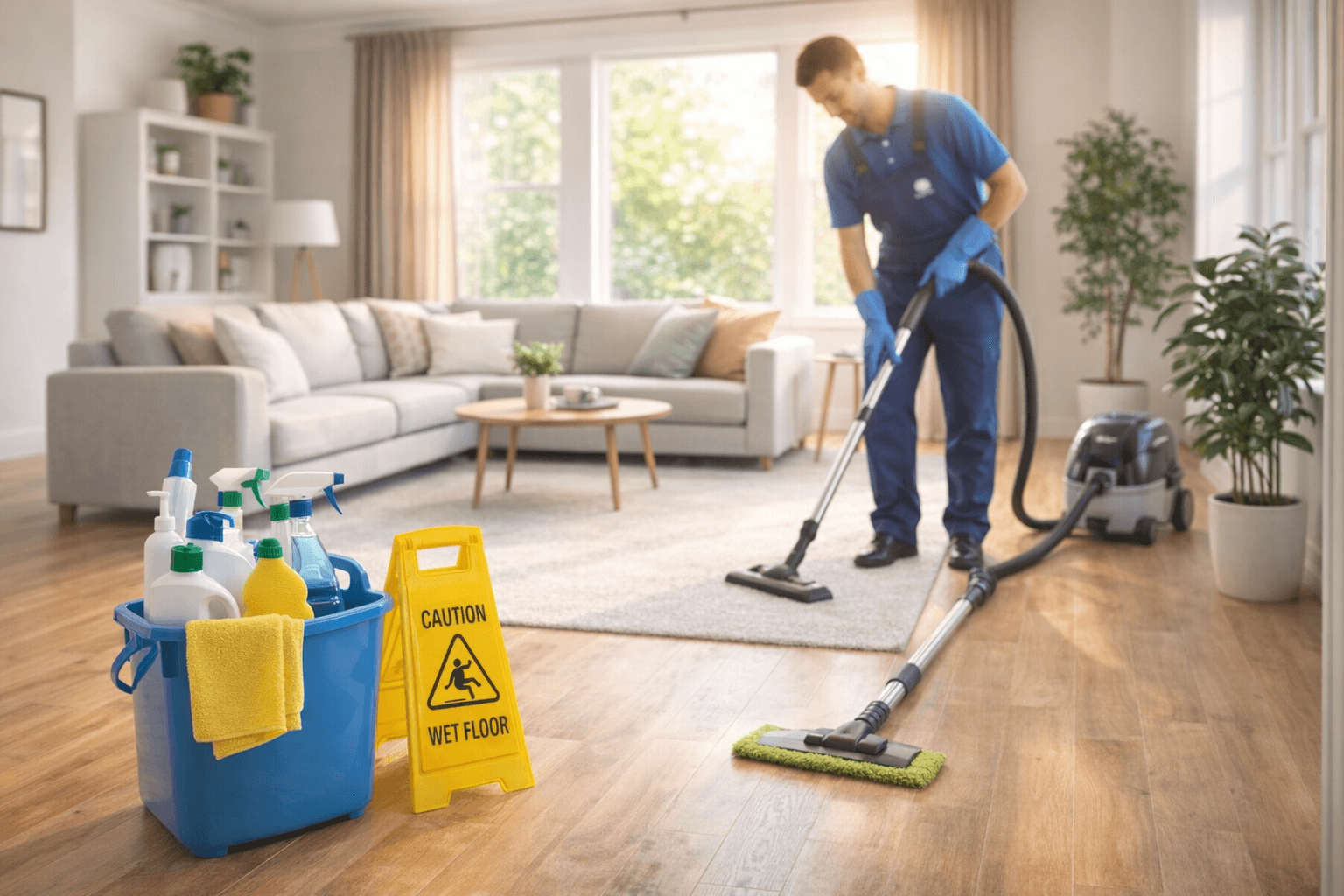 Precise Cleaning logo featuring green textured text and a blue bucket and mop icon.