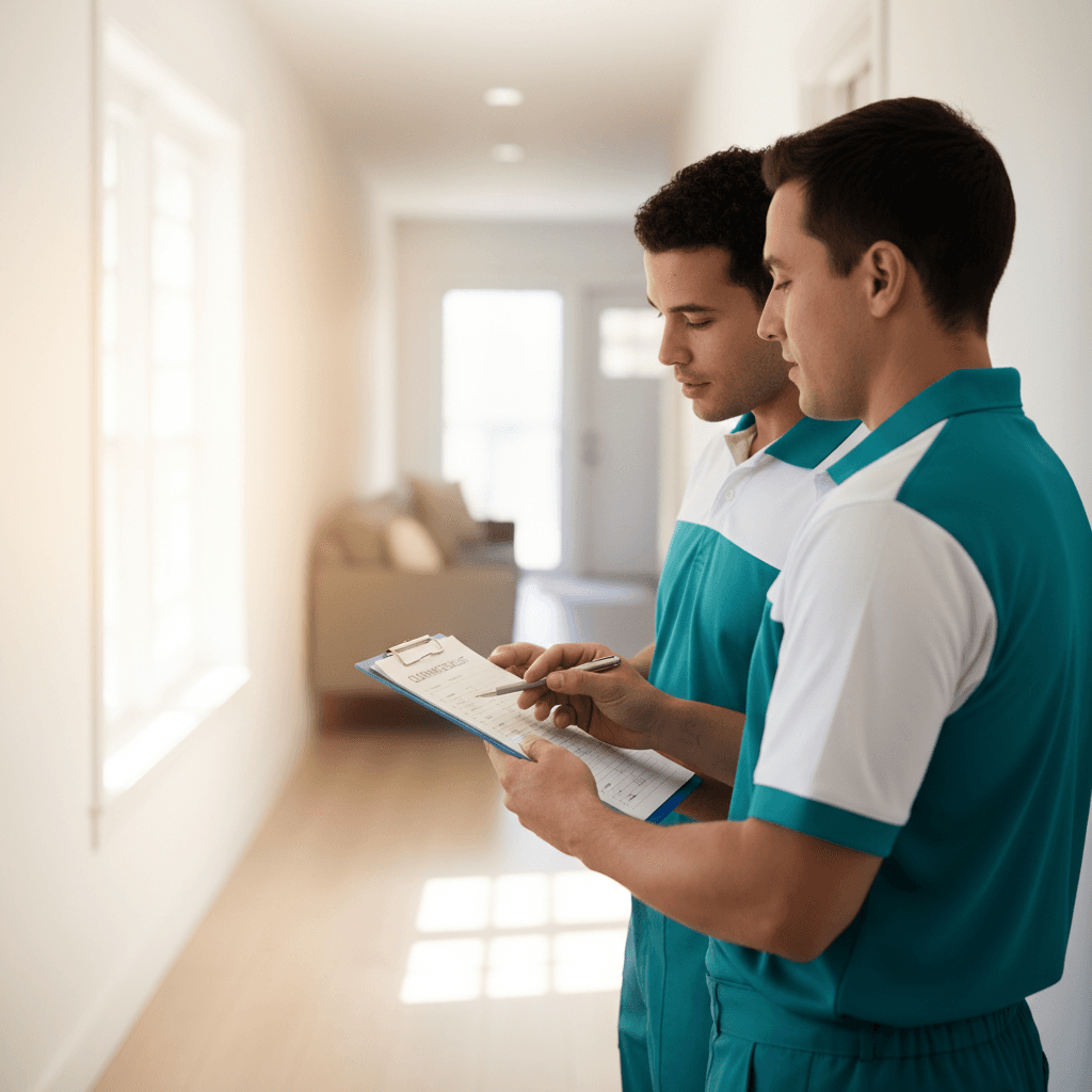 Reliable cleaning team discussing service details