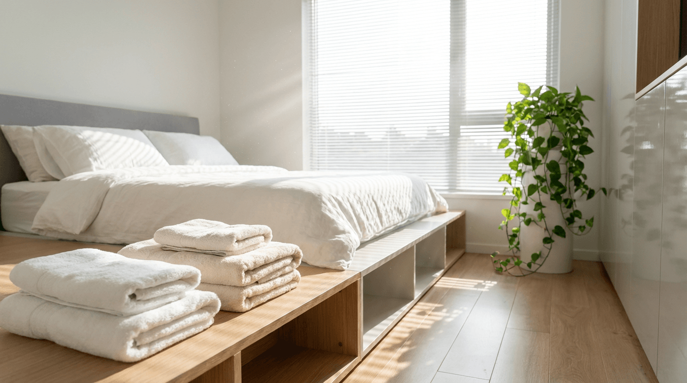 Fresh linens being placed on a made bed