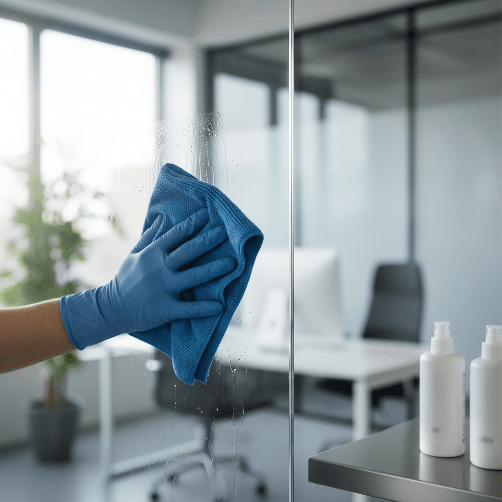 Precise Cleaning team holding professional microfiber cloths and supplies