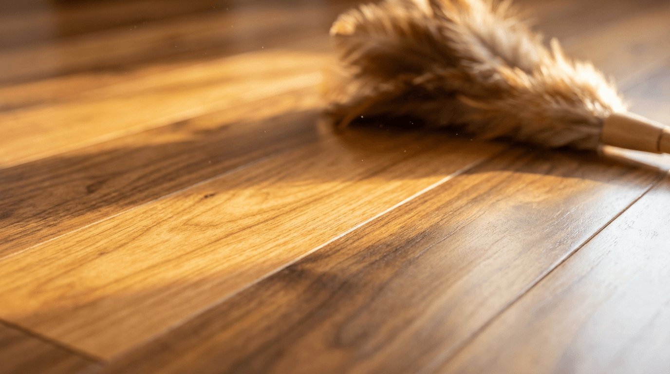 Polished hardwood floor being professionally mopped