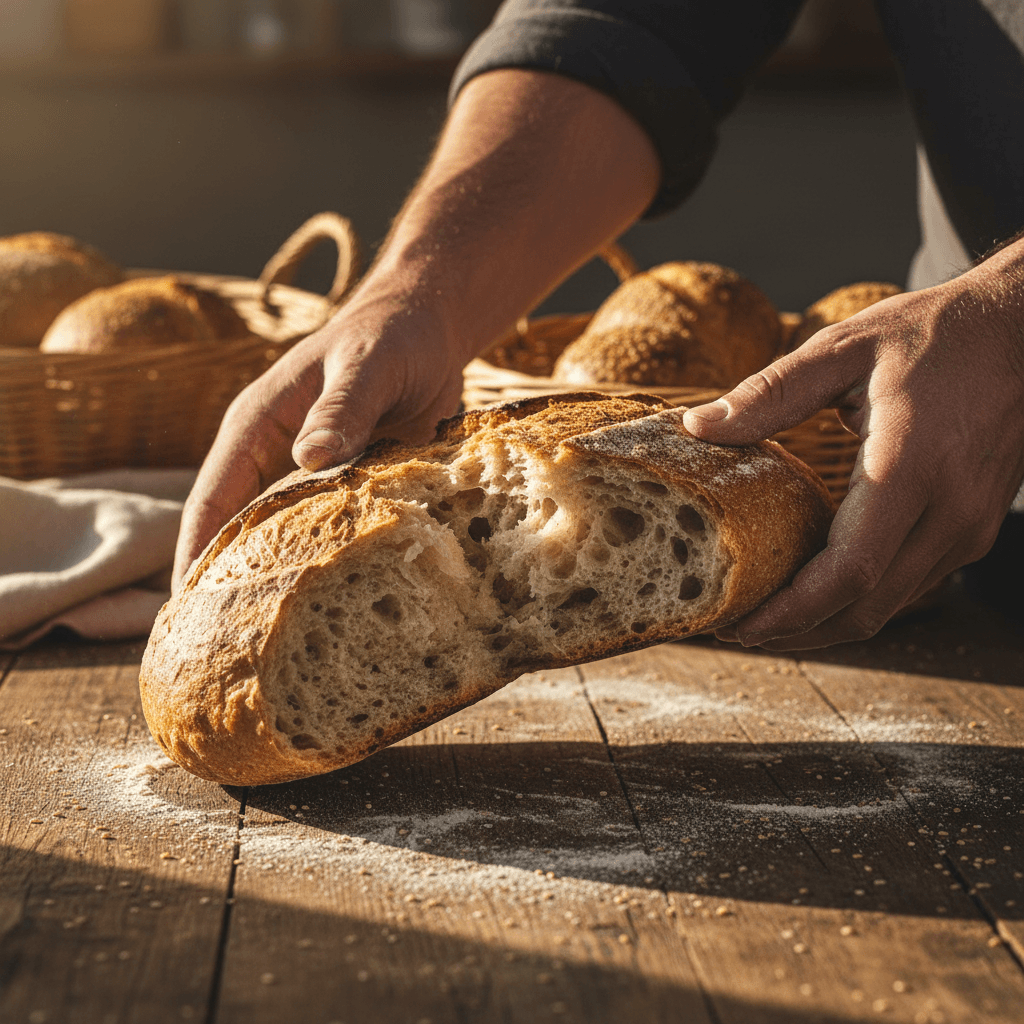 Weathered hands breaking apart freshly baked sourdough loaf, revealing honeycomb interior in warm golden light