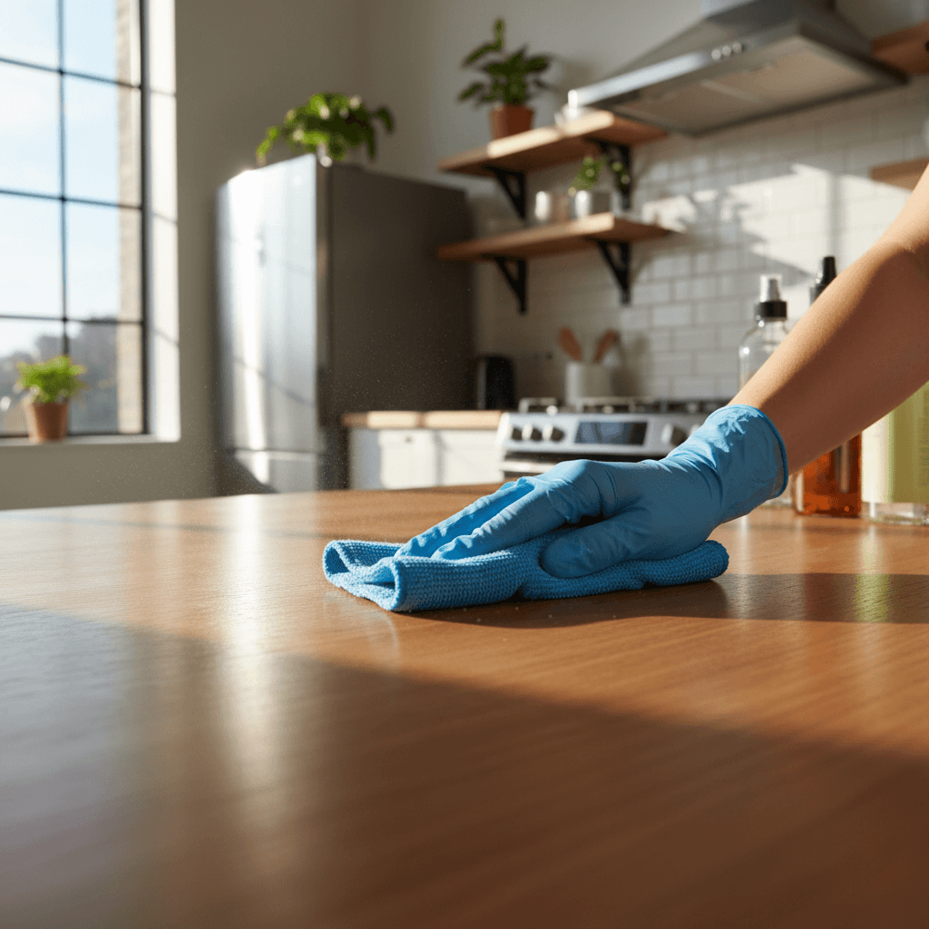 Professional cleaner carefully cleaning a modern kitchen countertop