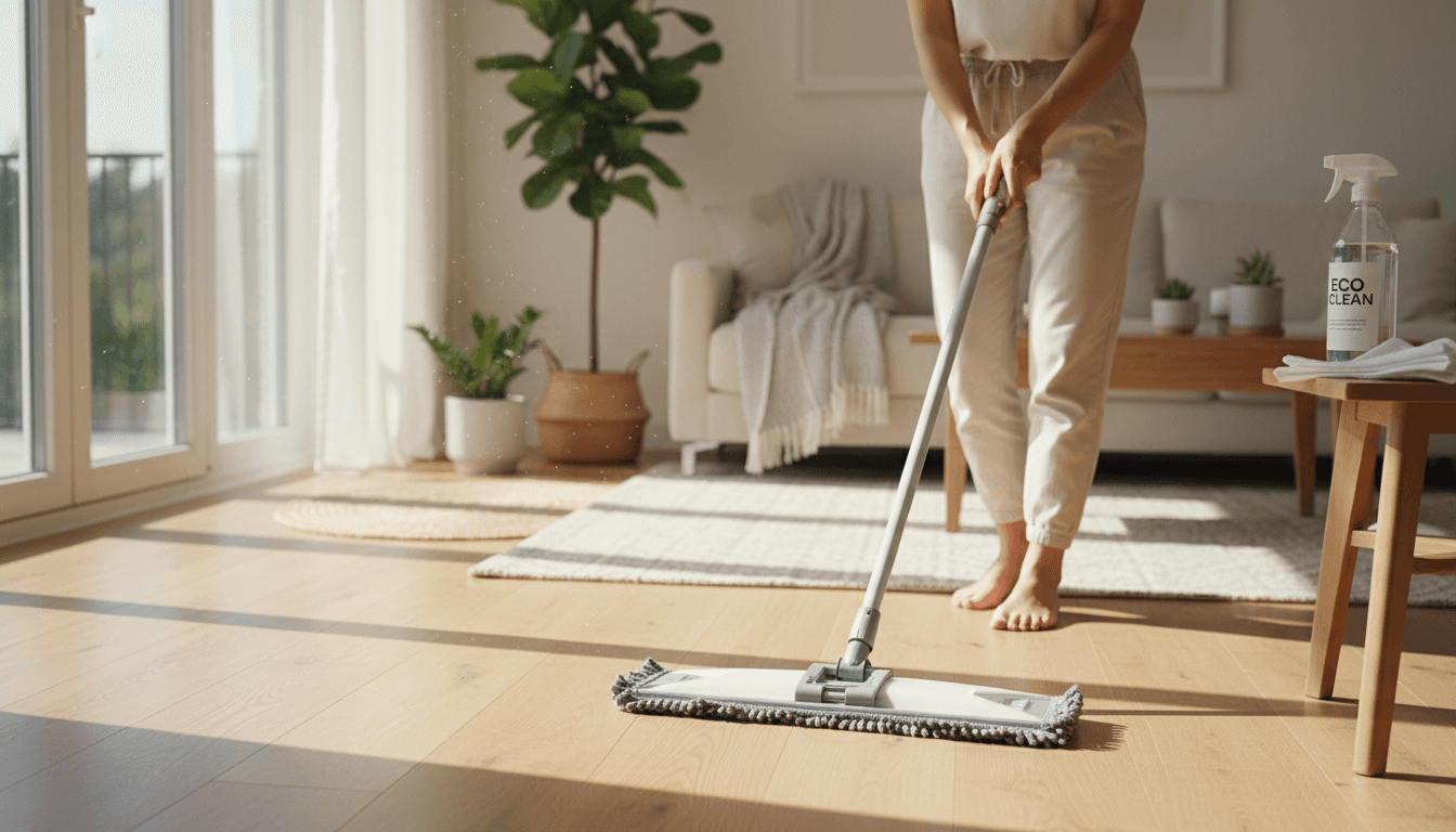 Professional residential cleaner polishing dining table