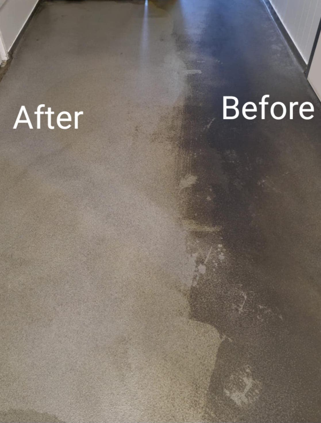 Side-by-side comparison of a dark, dirty concrete floor before and a clean, light floor after.