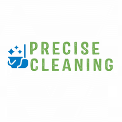 Precise Cleaning logo featuring green textured text and a blue bucket and mop icon.